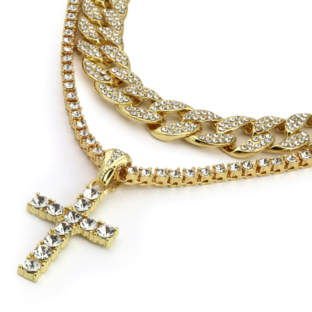 Men's 14k Gold Cross 18" CZ Cuban & 24" Tennis Chain Bad Bunny