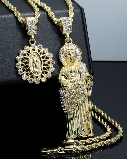 Iced San Judas & Flower Virgin Pendant CZ Gold 4mm Rope Chain