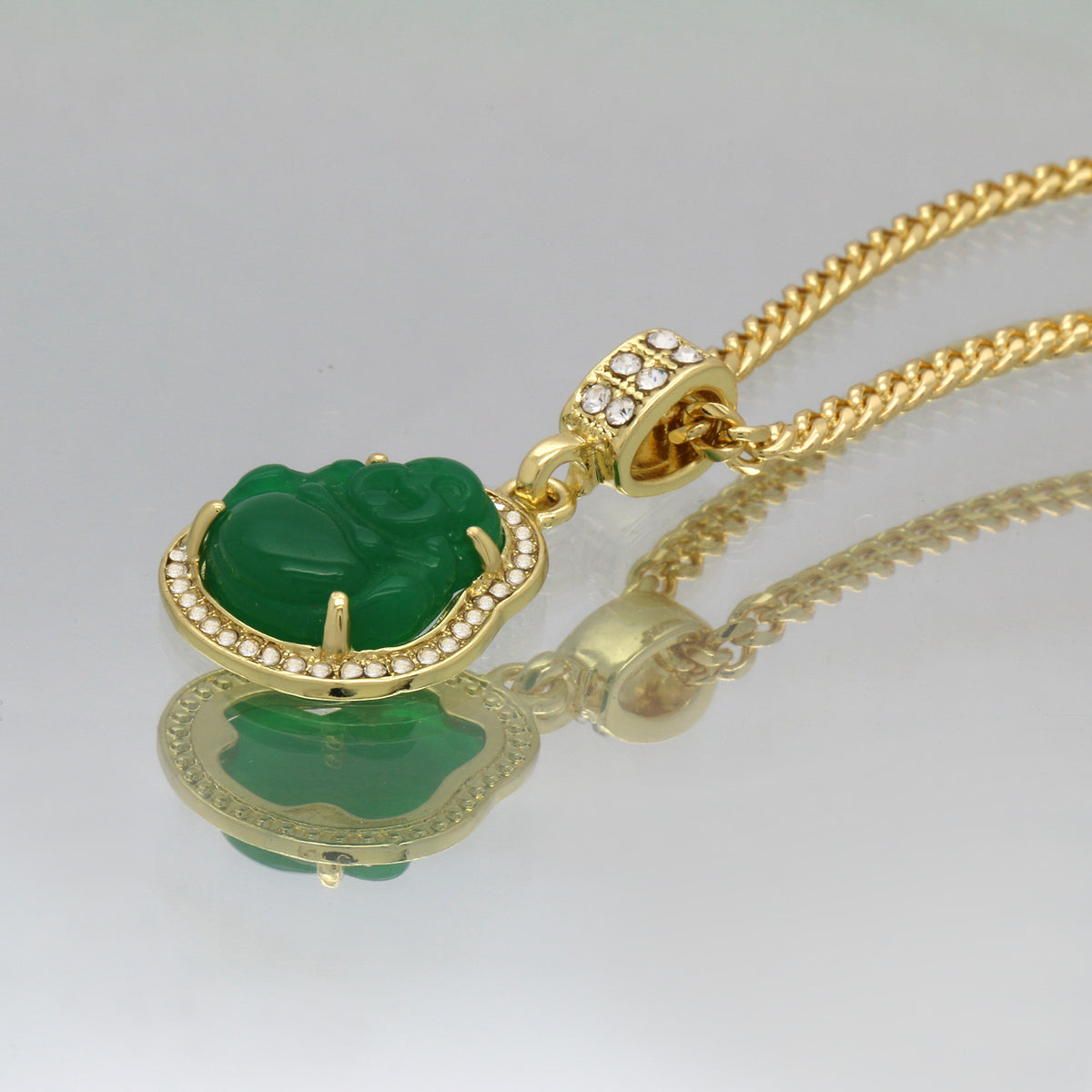 14k Gold Green Jade Buddha Pendant CZ Cuban Chain 24" 27' 30"