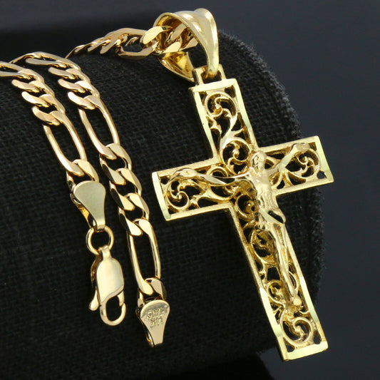 18k Gold Jesus Cross Crucifix Charm Pendant 5mm 18" Figaro Necklace Chain
