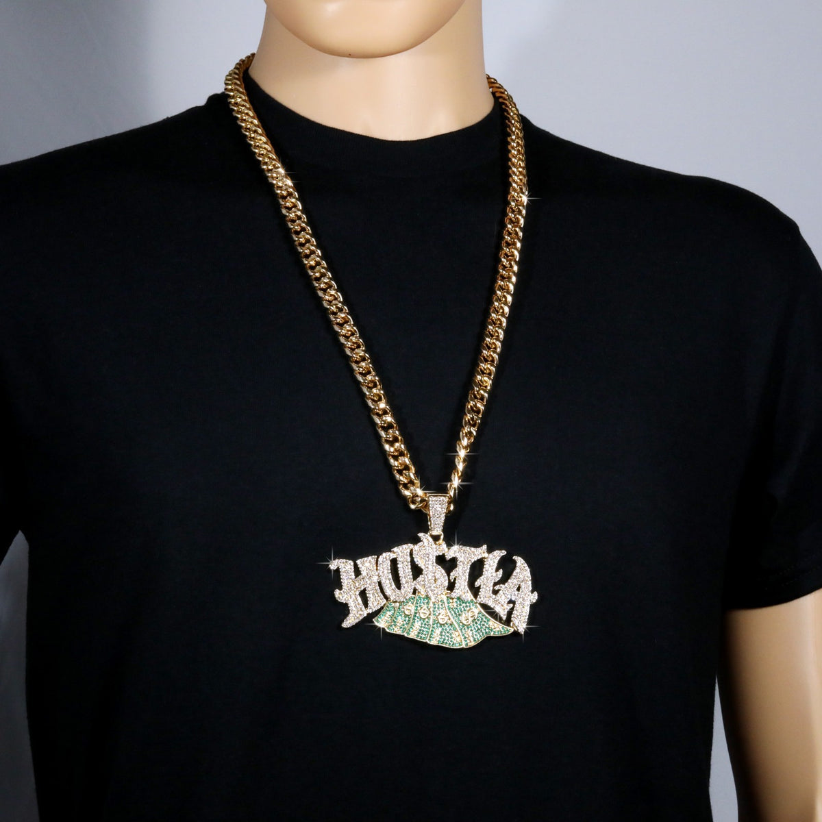 Miami Cuban Curb Chain Necklace 10mm 30In & Hustle Cash Money Sign Gold