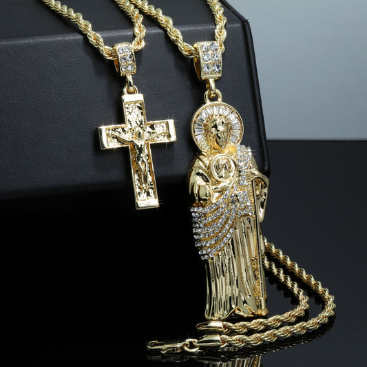 San Judas & Staple Nugget Jesus Cross CZ Gold 4mm Rope Chain
