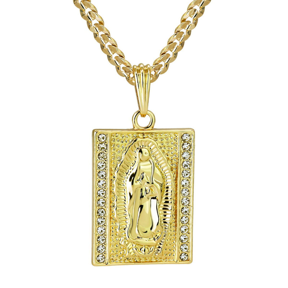 Virgin Mary Pendant 24" Cuban Chain 14k Gold Square