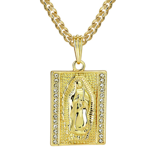 Virgin Mary Pendant 24" Cuban Chain 14k Gold Square
