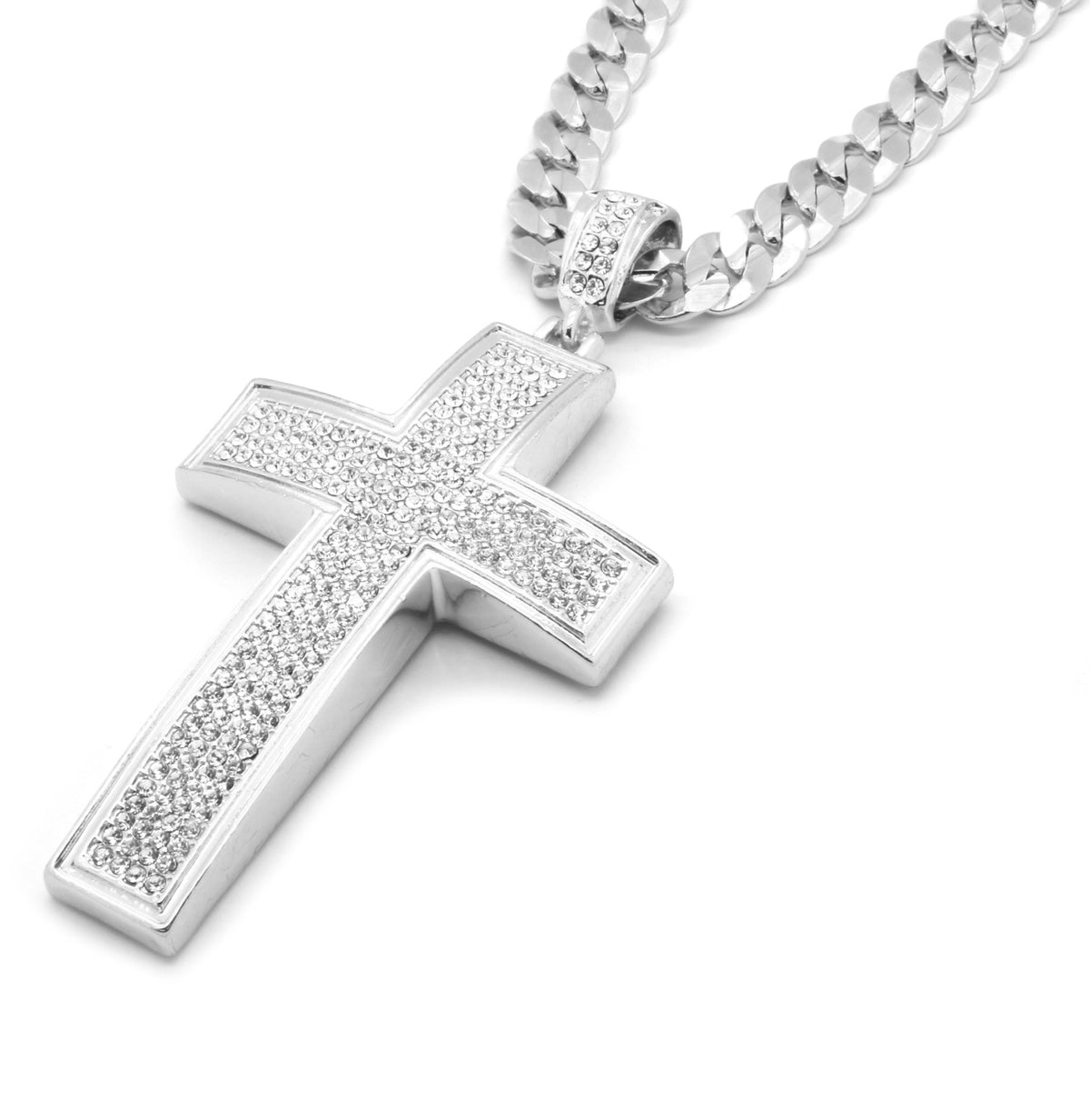 Men's Silver Cross Pendant CZ 24" Cuban Necklace Chain