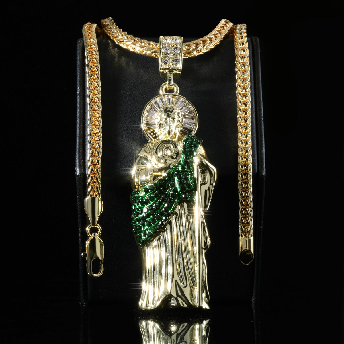 Franco Chain Necklace 4mm - 20" 24" 30" Green San Judas Pendant Gold