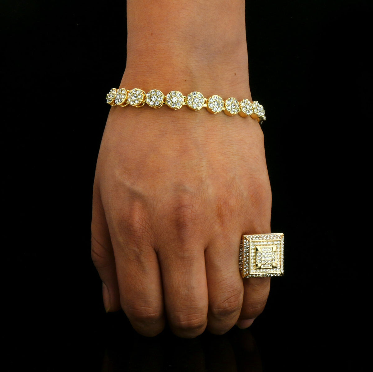 Men's Gold Iced CZ Round Flower Bracelet 3D Dome Ring