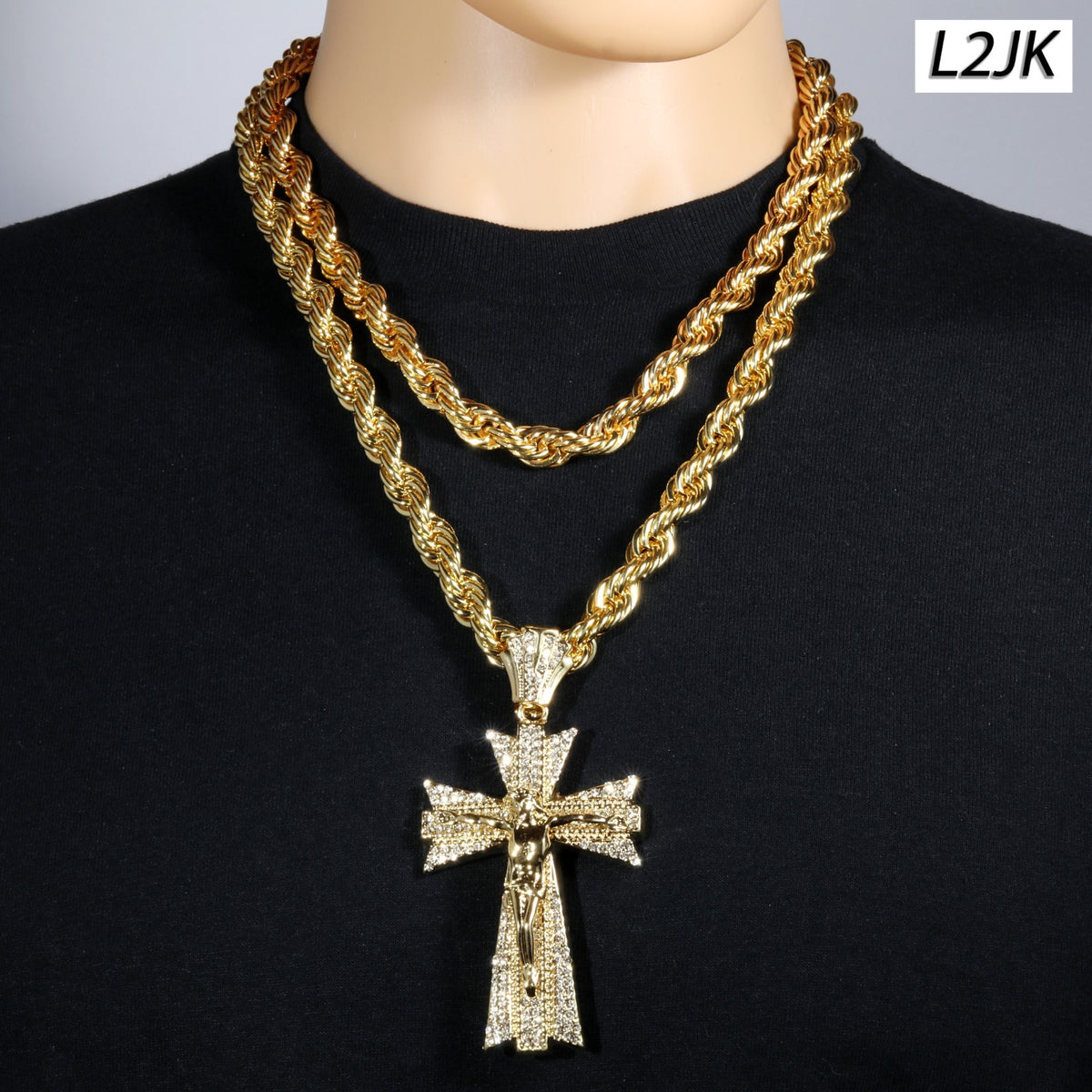 14k Rope Chain 10mm 20" & 24"In Large Latin Jesus Cross Gold