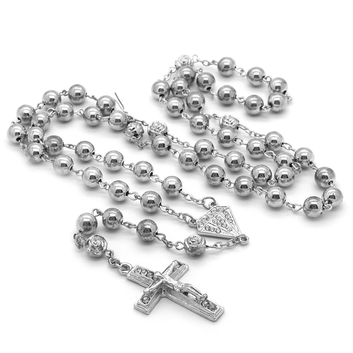 8mm Silver Beads D-shape CZ Rosary & Jesus Cross