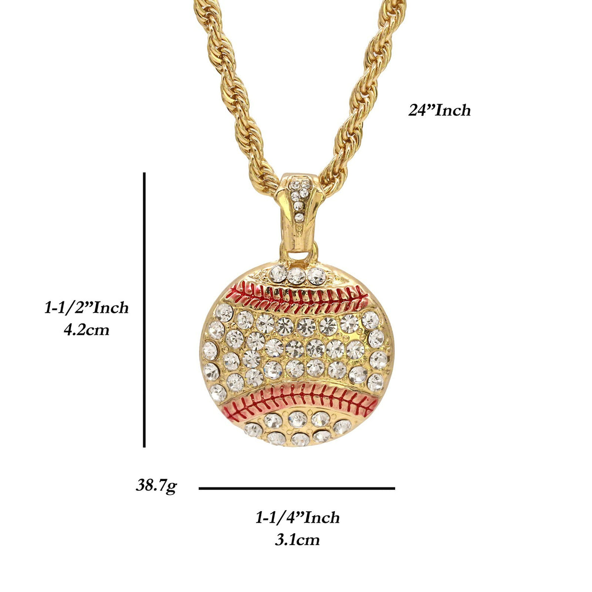 Baseball Pendant Iced CZ 24" Rope Chain 18k Gold