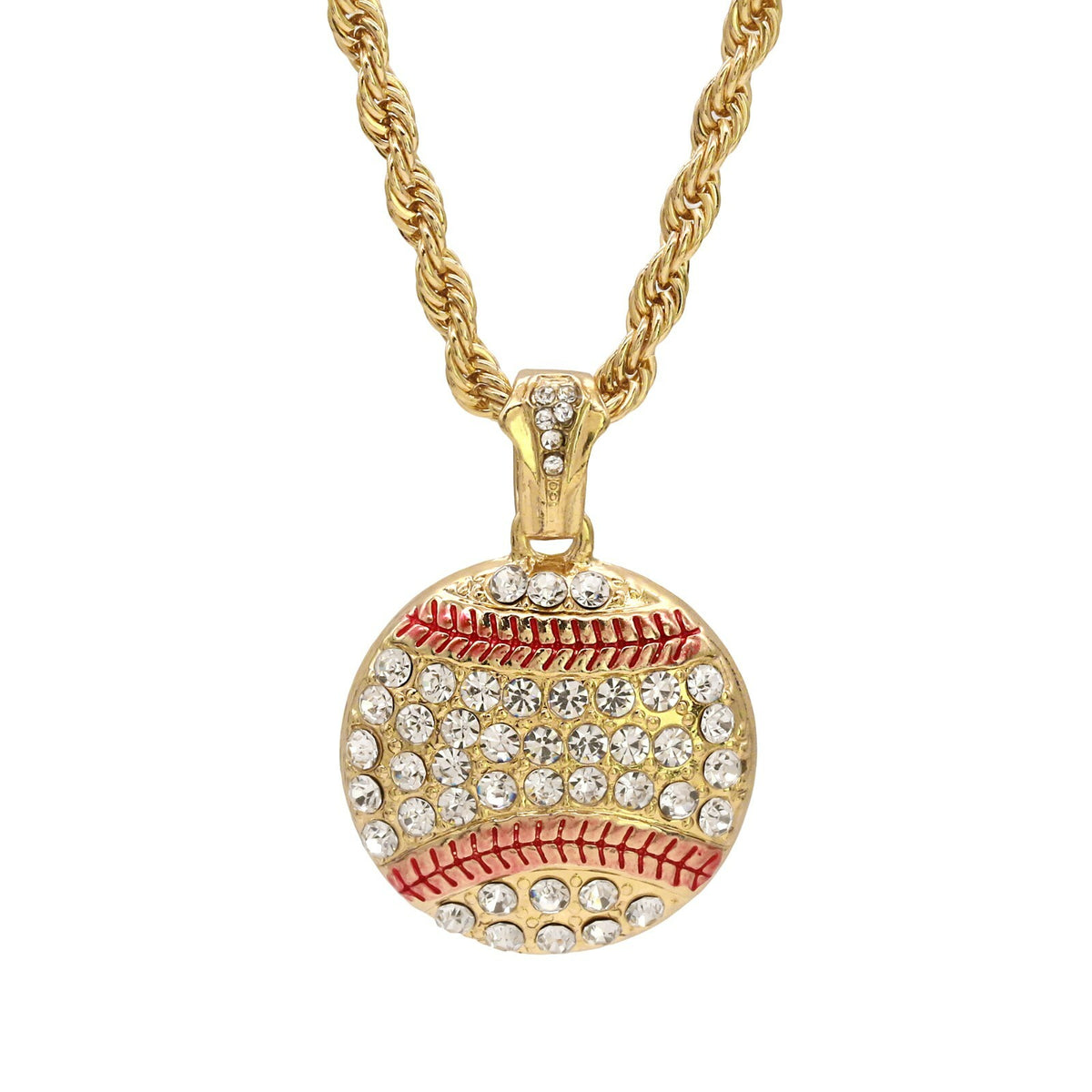 Baseball Pendant Iced CZ 24" Rope Chain 18k Gold