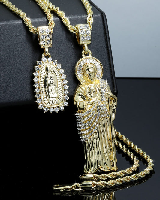 Iced San Judas & Oval Virgin Pendant CZ Gold 4mm Rope Chain