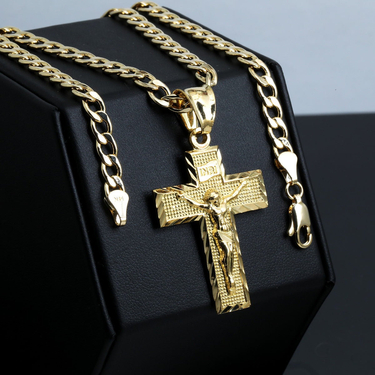 Inri Jesus Cross Charm Pendant 14k Gold 5mm 20" Cuban Choker Chain