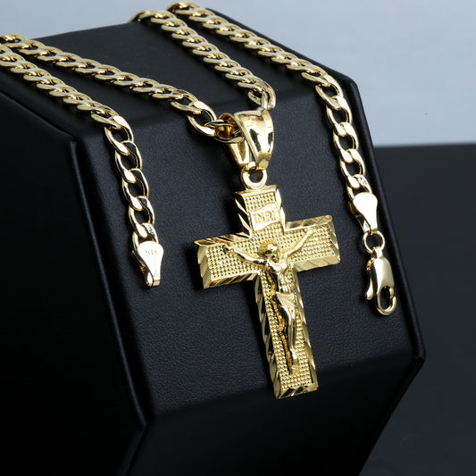 Inri Jesus Cross Charm Pendant 14k Gold 5mm 20" Cuban Choker Chain