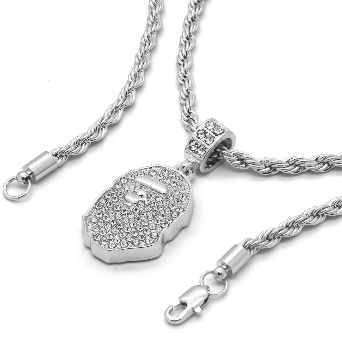 Silver Style Ape Pendant CZ 24" Rope Chain Necklace