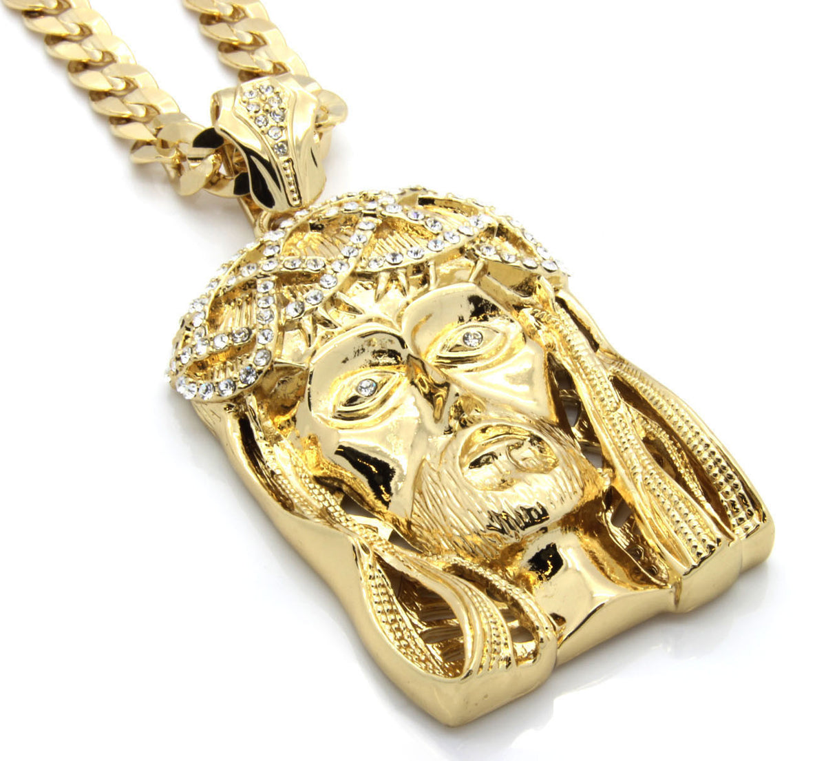 14k Gold 30" Cuban Chain Iced CZ Crowned Jesus Large Pendant