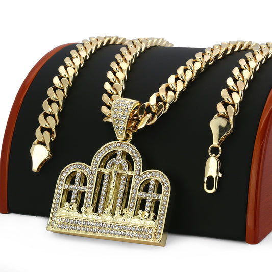 14k Gold Big Last Supper CZ Pendant 30" Cuban Chain