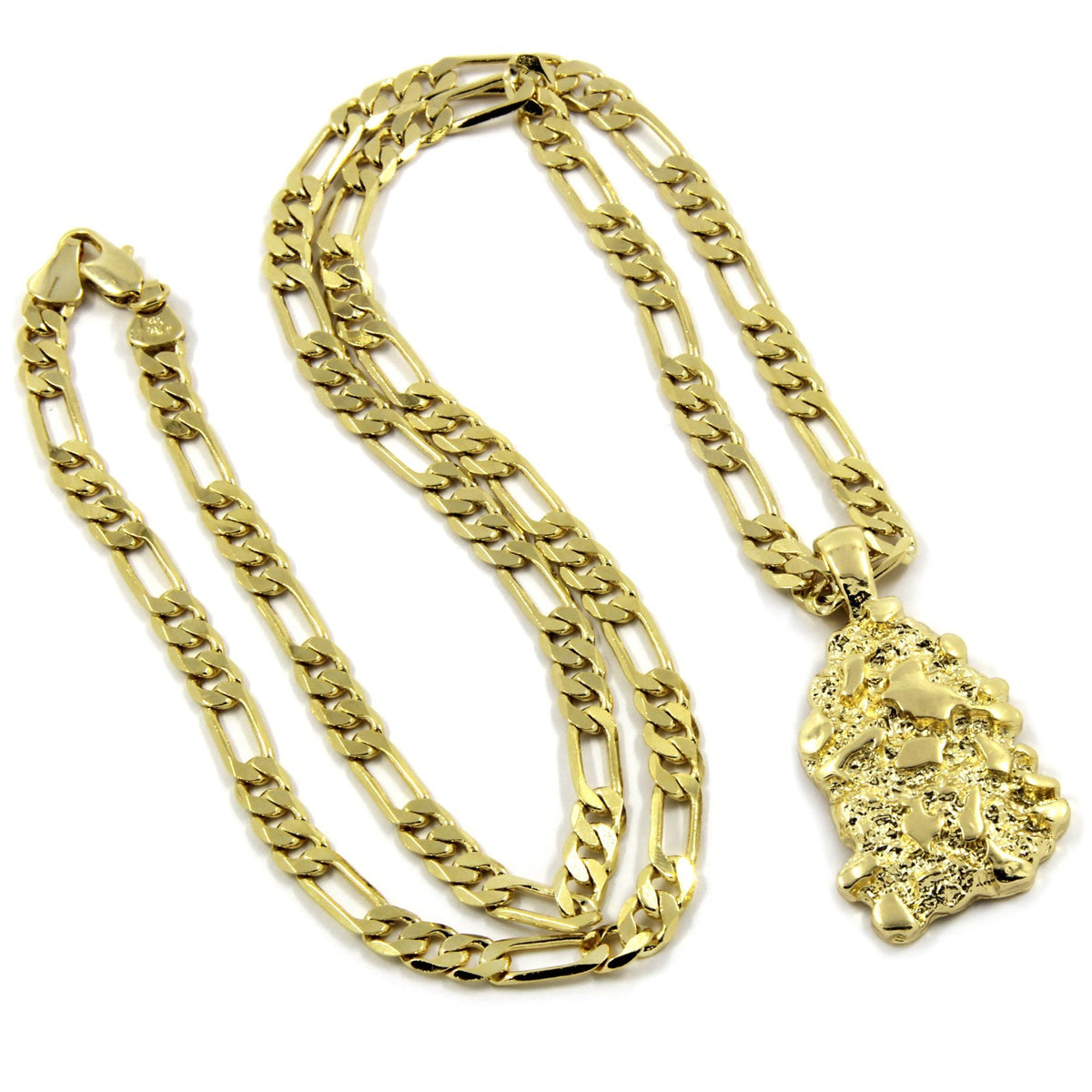 Men's 14k Gold Nugget Pendant 5mm/24" Figaro Chain