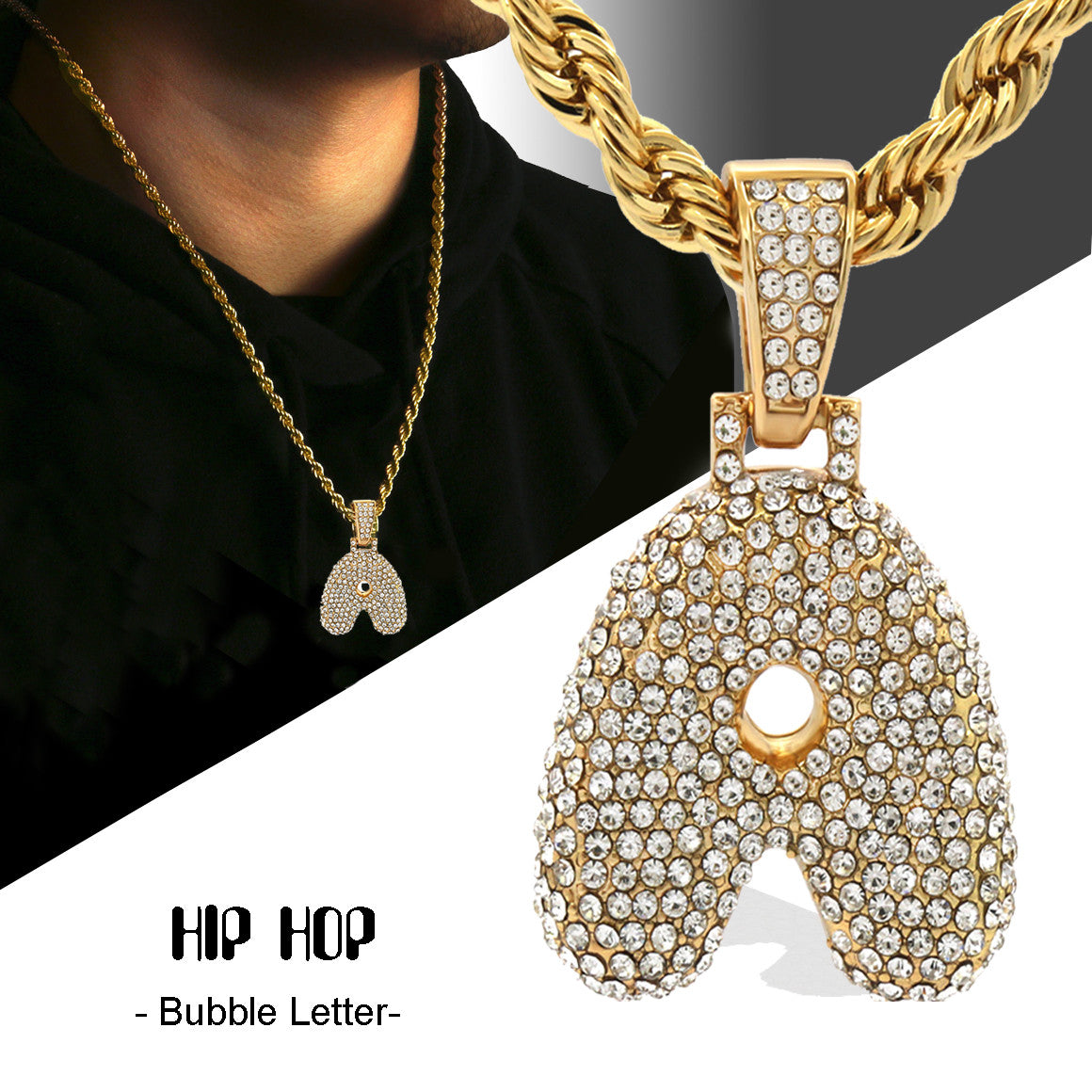 Alphabet Bubble Letter Pendant CZ 20"-36" Rope Chain 14k Gold