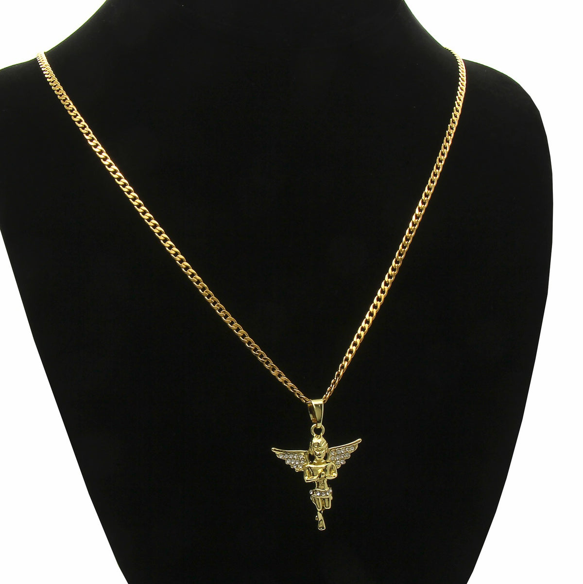 Men & Women Angel Pendant CZ Gold Steel Cuban 24"