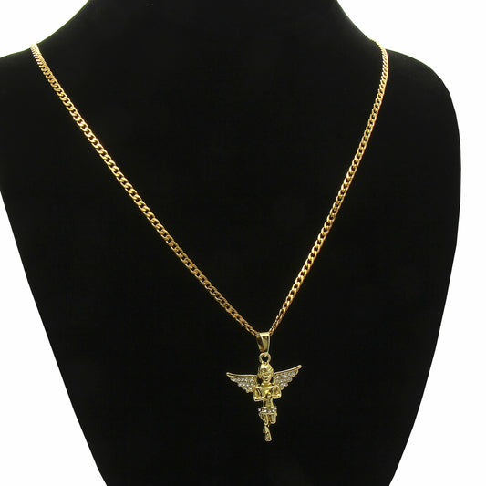 Men & Women Angel Pendant CZ Gold Steel Cuban 24"