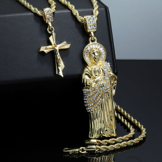San Judas & Engrave Jesus Cross Iced CZ Gold 4mm Rope Chain