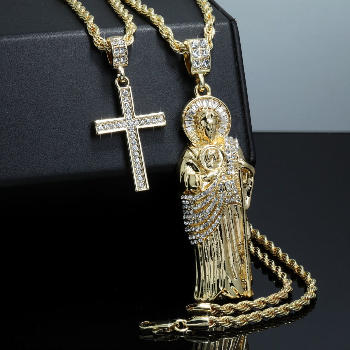 San Judas & One Row Iced Cross CZ 14k Gold 4mm Rope Chain