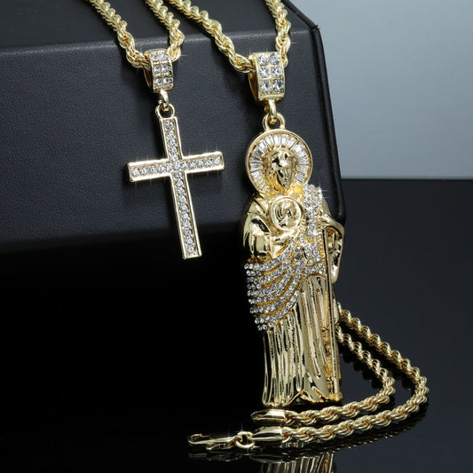 San Judas & One Row Iced Cross CZ 14k Gold 4mm Rope Chain