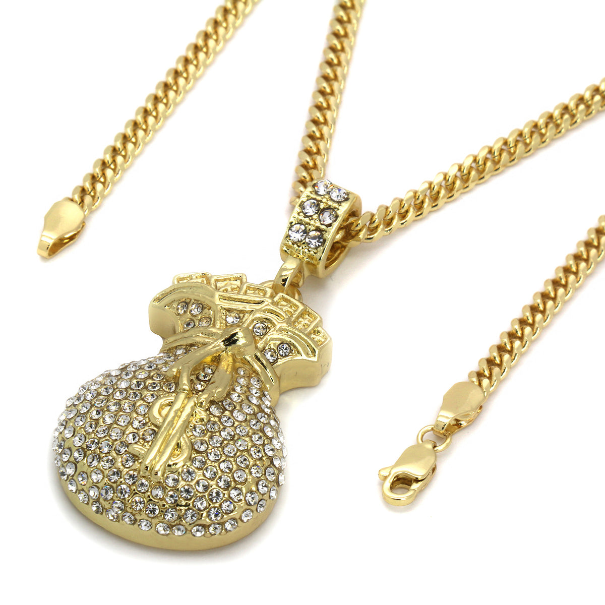 14k Gold Cash Money Bag $ CZ Pendant Cuban Chain