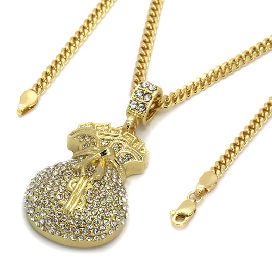 14k Gold Cash Money Bag $ CZ Pendant Cuban Chain