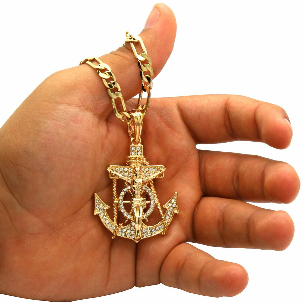 14k Gold Jesus Anchor Pendant CZ 30" Figaro Chain