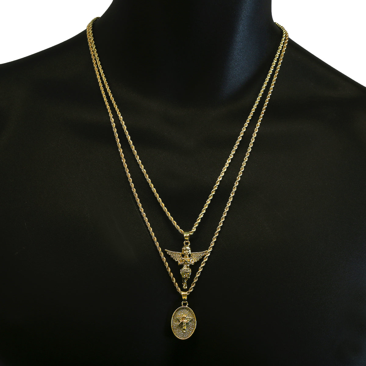 14k Gold 2 Pcs Set of Angel CZ 2mm 30" and 24" Rope Chain