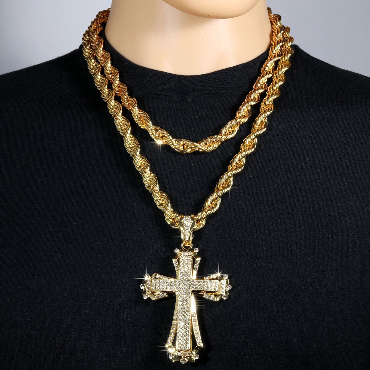 14k Rope Chain 10mm 20" & 24"In Large Hollow Cross Gold Style