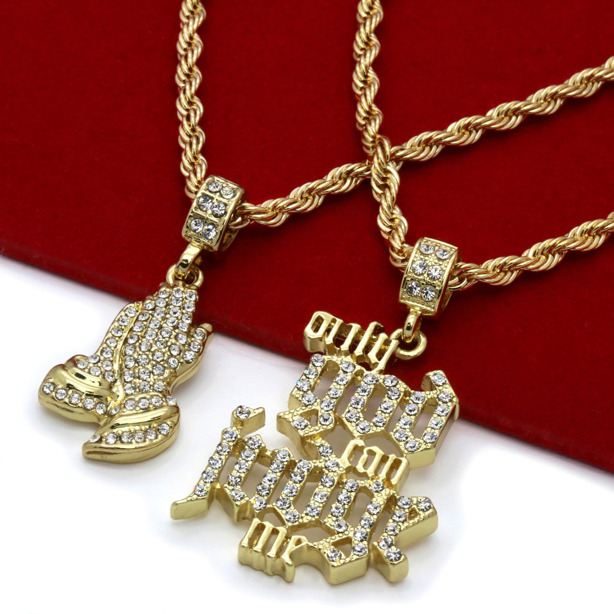 Gold O.g.c.j.m. & Prayer Hand Pendant CZ 24 & 30 Rope Chain