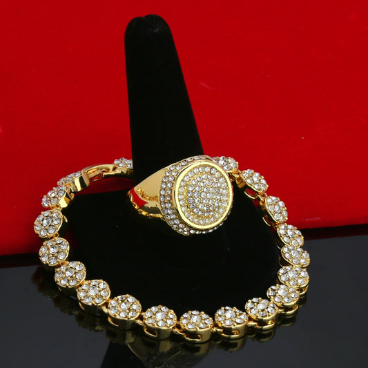Men's Gold Iced CZ Round Flower Bracelet Round Ring