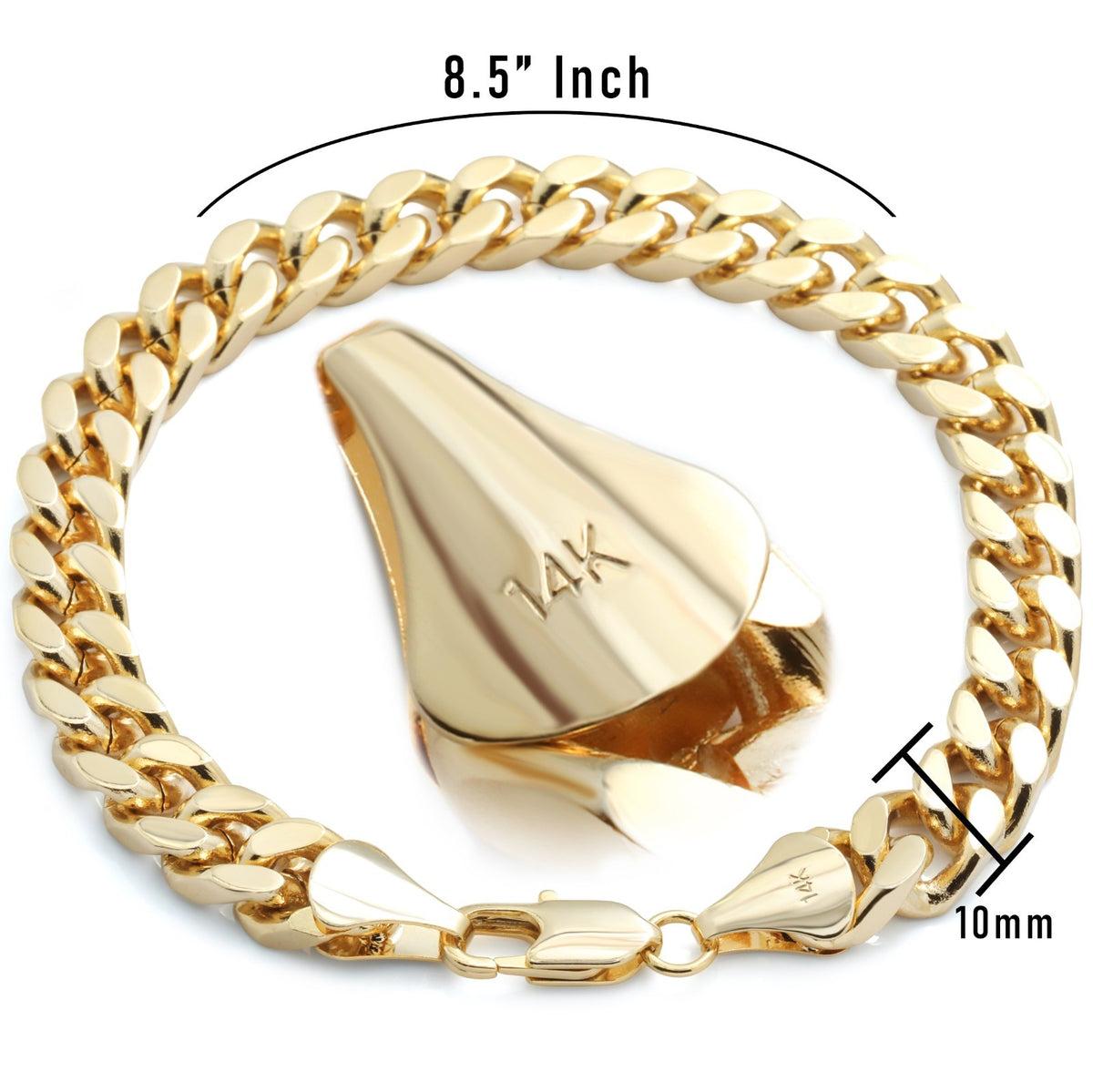 Cuban Link Chain 10mm Bracelet 8.5"in 14k Gold Men