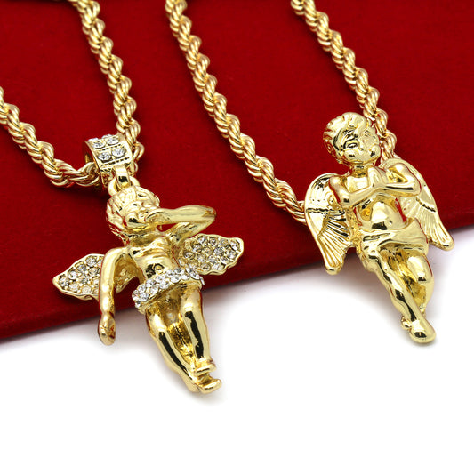 14k Gold High 2 Angels Pendant CZ 30"/24" Rope Chain