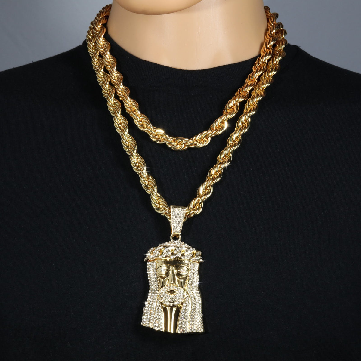 14k Rope Chain 10mm 20" & 24" Large Cuban Crown Jesus Piece Gold