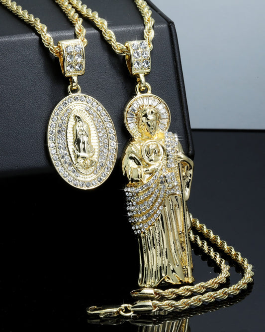 Iced San Judas & Two Row Virgin Pendant CZ Gold 4mm Rope Chain
