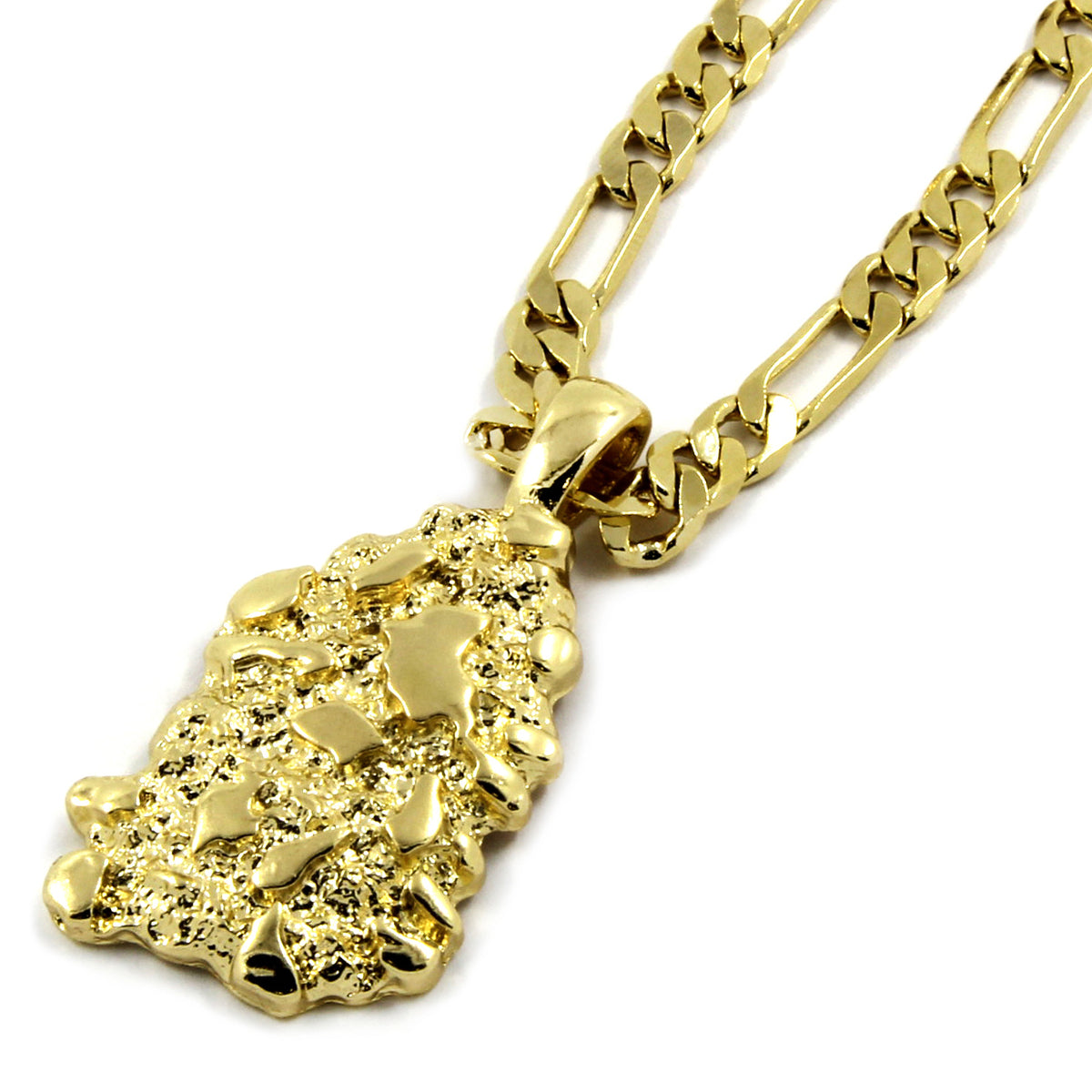 Men's 14k Gold Nugget Pendant 5mm/24" Figaro Chain