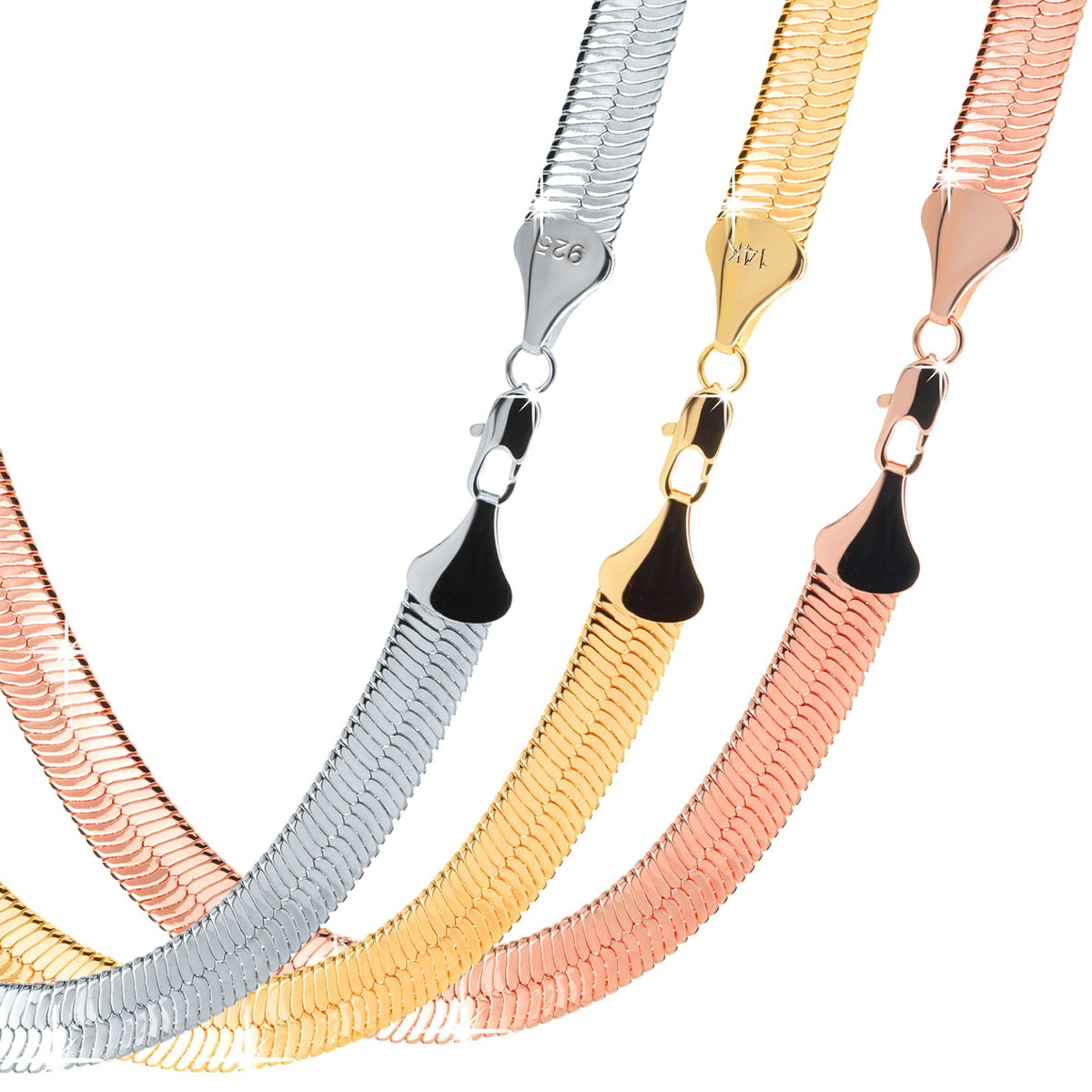 14k Gold Chain Necklace Herringbone 11mm 30"In Silver & Rose Gold Snake
