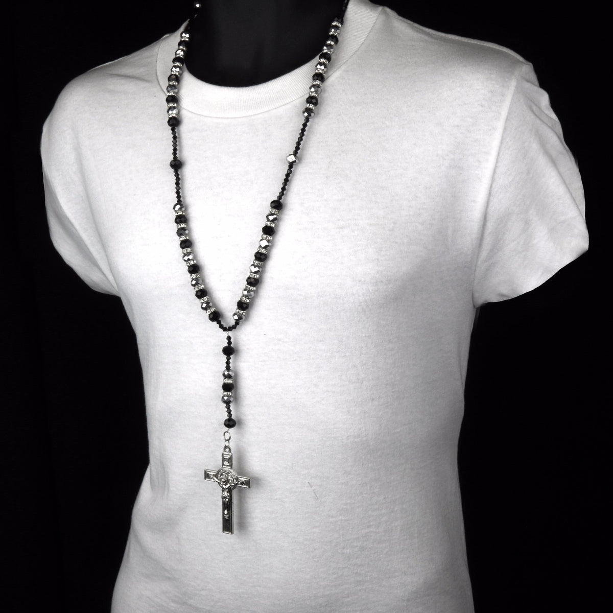 Black/gray Beads CZ Rosary Jesus Cross Religious Chain