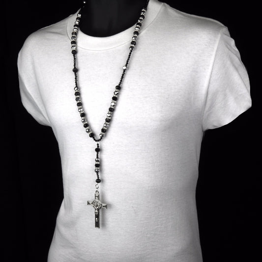 Black/gray Beads CZ Rosary Jesus Cross Religious Chain