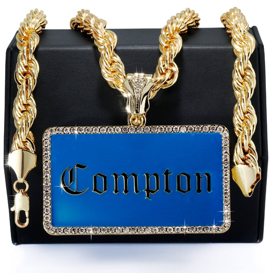 14k Rope Chain 10mm 20" & 24"In Large Gold Bar Compton Pendant