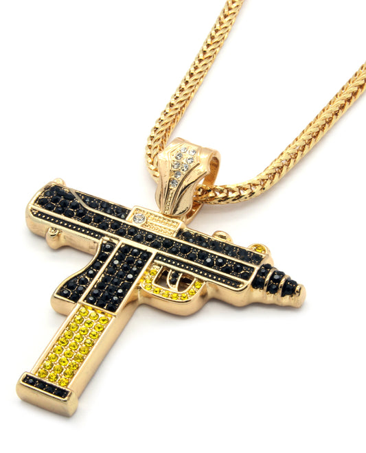 Gold Black/yellow Gun Uzi Pendant CZ 36" Franco Chain