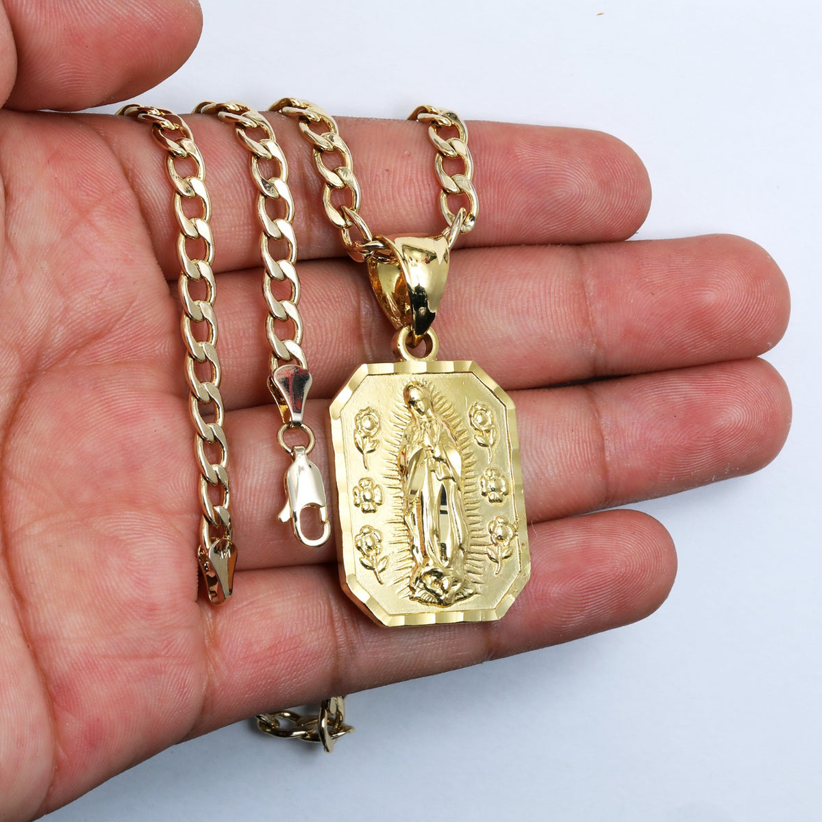 Flower Virgin Mary Charm Pendant 14k Gold 20" Cuban Choker Chain
