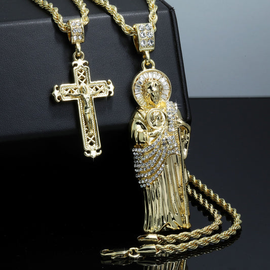San Judas & Jesus Fleury Cross Iced CZ Gold 4mm Rope Chain