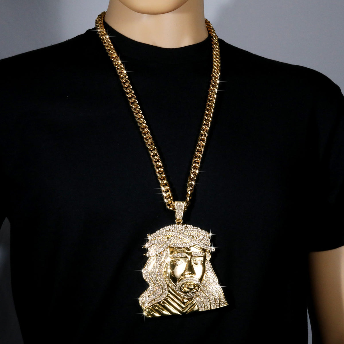 Miami Cuban Curb Chain Necklace 10mm 30In & Curly Hair Jesus Face Gold