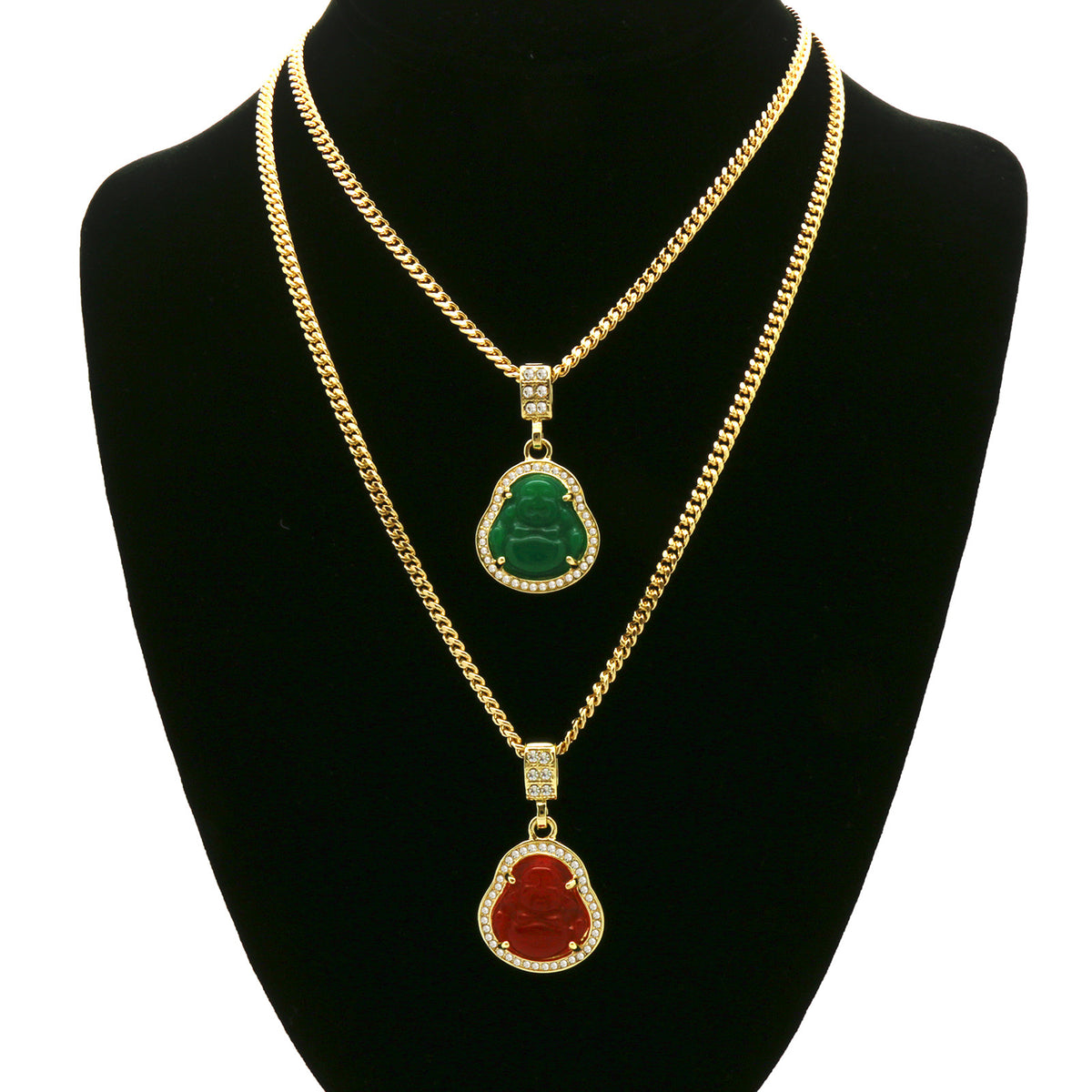 Men 14k Gold Green Red Buddha CZ 30 & 24" Cuban Chain