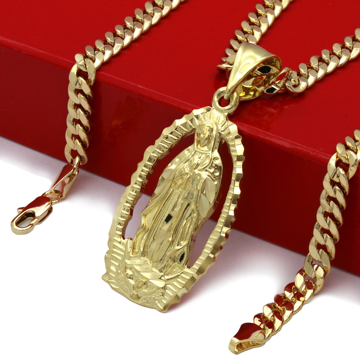 Men's 18k Gold Holy Mary Pendant 5mm 24" Cuban Necklace Chain